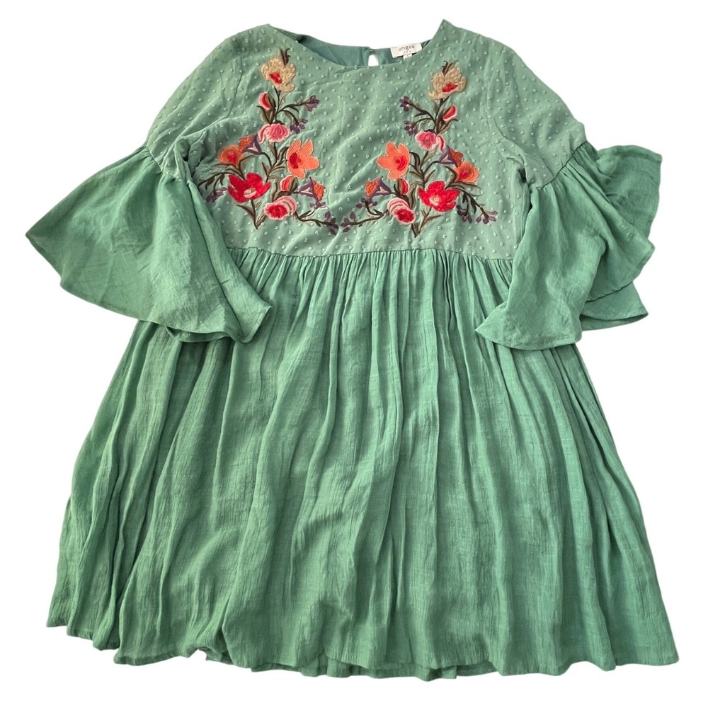 Umgee Floral Embroidered Mini Dress Tunic Womens Sz L Green Boho Garden Wedding - Picture 10 of 11